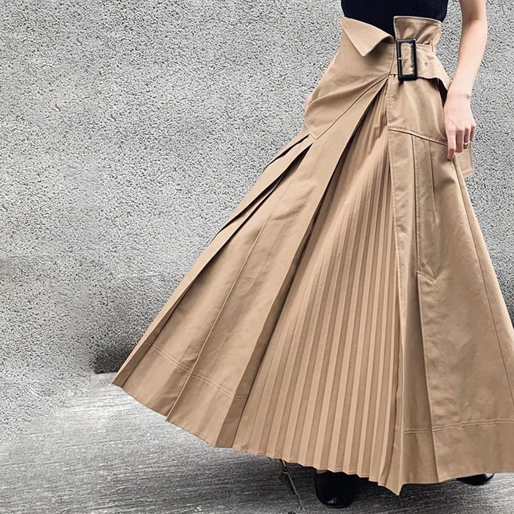 

Women Skirts Knee Length 2021 New Ankle-length Flat Patchwork Mid-waist Casual Solid Color Simple Temperament Irregular Folds