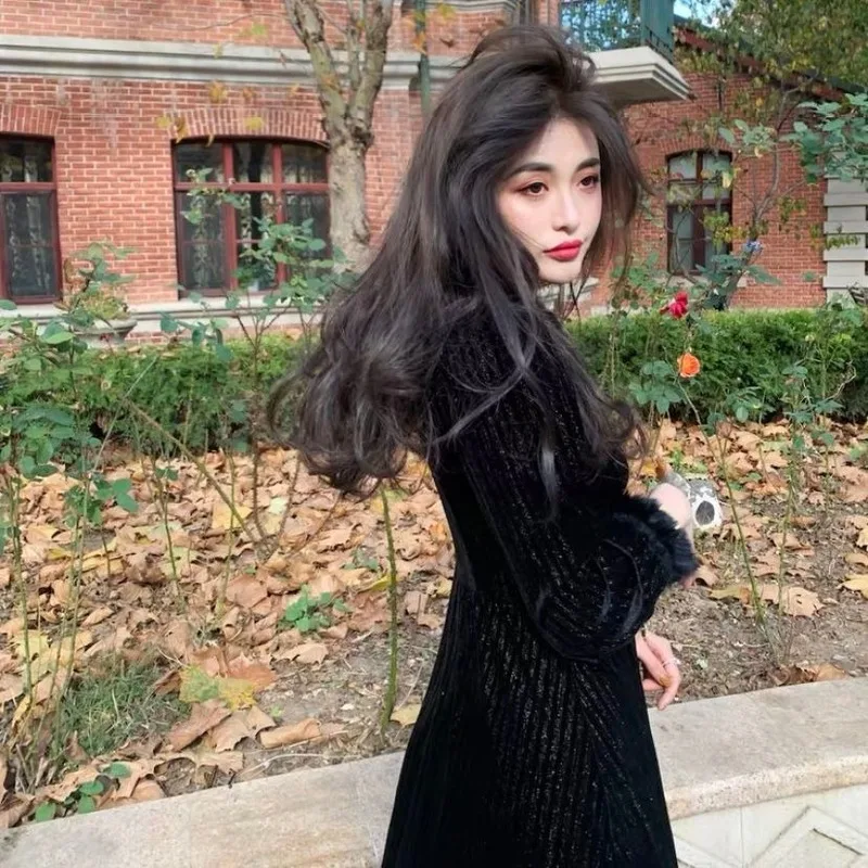 

Fur Neck Elegant Vintage Dress Women Long Sleeve French Office Lady Midi Dress Female 2021 Spring Fashionone Piece Dress Korean
