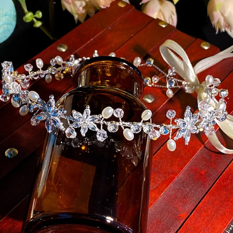 

Hair Accessories Bridal Headband Crystal Flowers Pearl Hairband Women Head Ornament Ladies Hair Jewelry For Wedding New 2021