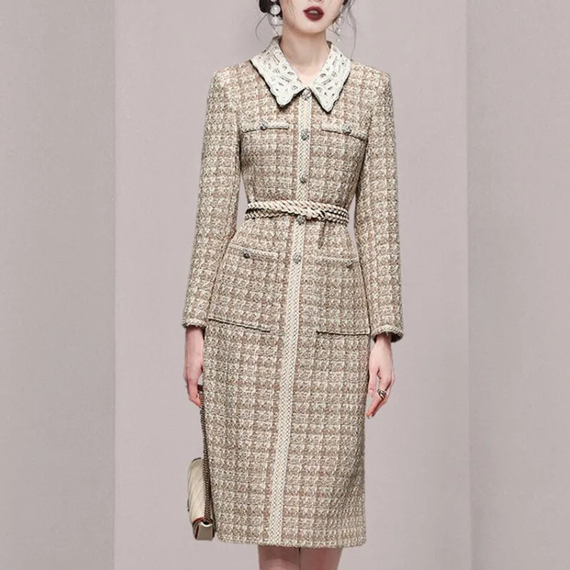 

Women Small Fragrance Wind tweed woolen Dress Vintage Lace Stitching Slim Waist Elegant OL Ladies Dress s1911