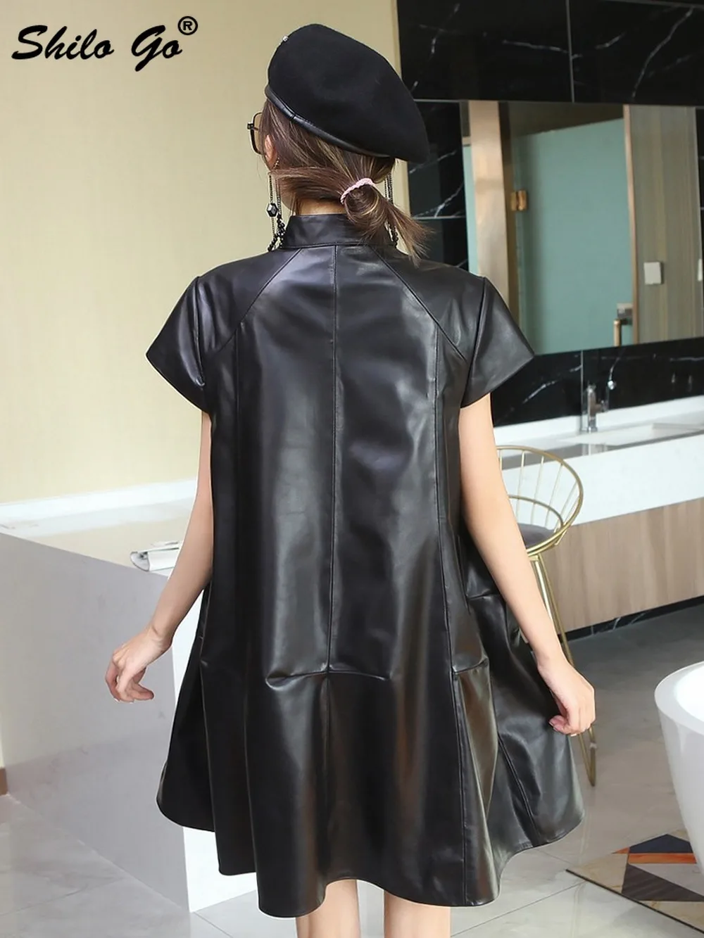 

Casual Stand Collar Short Sleeve Solid Plus Pockets Detail A Line Dress Women Autumn Oversized Sheepskin Genuine Leather Dresses