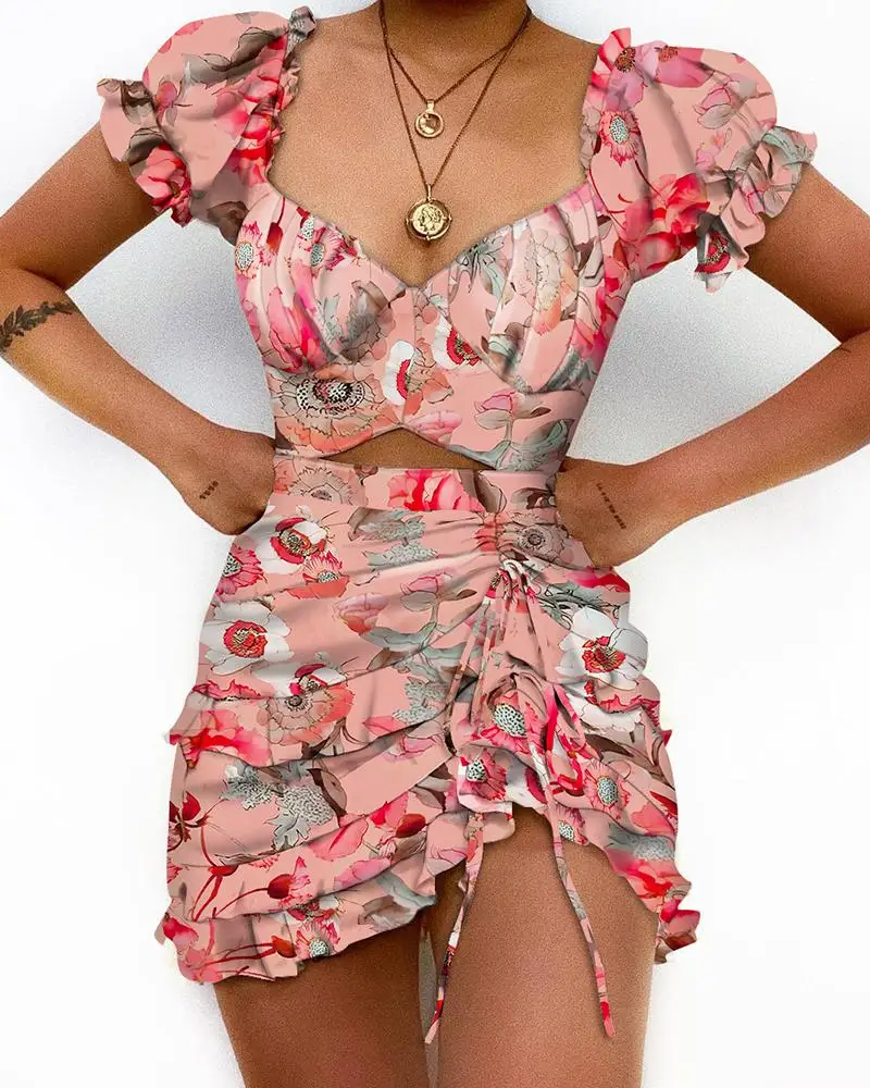 

Summer dress Fashion Womens Round Neck Tie Dyed Short Sleeve Drawstring Pleated Slim Dress vestido de mujer