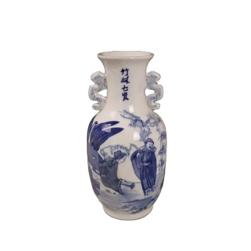 

Ваза с двумя ручками, из китайского старого фарфора, сине-белая, бамбуковая роща, с узором из семи мудрецов