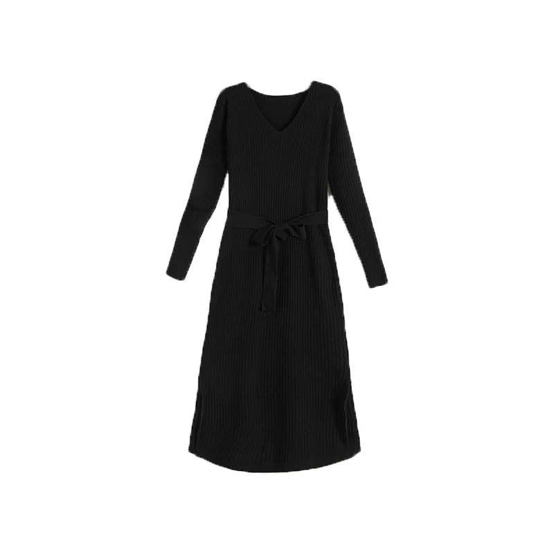 

New Elegant Fashion Women Autumn Winter sweater dress bow tunic waist sexy split knit dress Slim bottom dress
