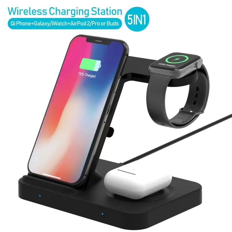 

Беспроводное зарядное устройство QI 5 в 1, зарядная док-станция для Samsung iphone Galaxy Watch Buds, зарядная станция для iWatch Airpods 2 pro