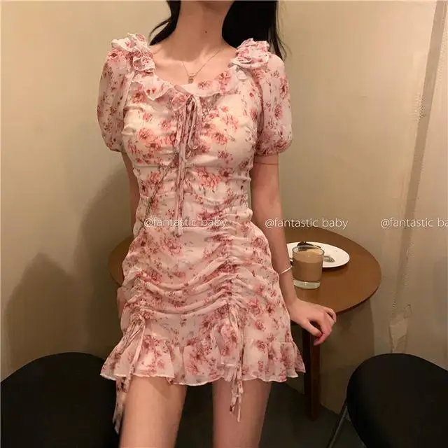 

2021 super fairy waist straight neck drawstring Ruffle Floral Chiffon Dress student girl summer wrap hip fishtail skirt