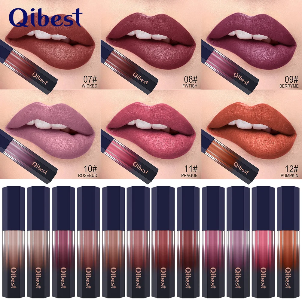 QIBEST 12 Colors Long Lasting Lip Gloss Moisturizing Matte Glaze Lipstick No Fading Non-stick Cup Light Fog TSLM1 |