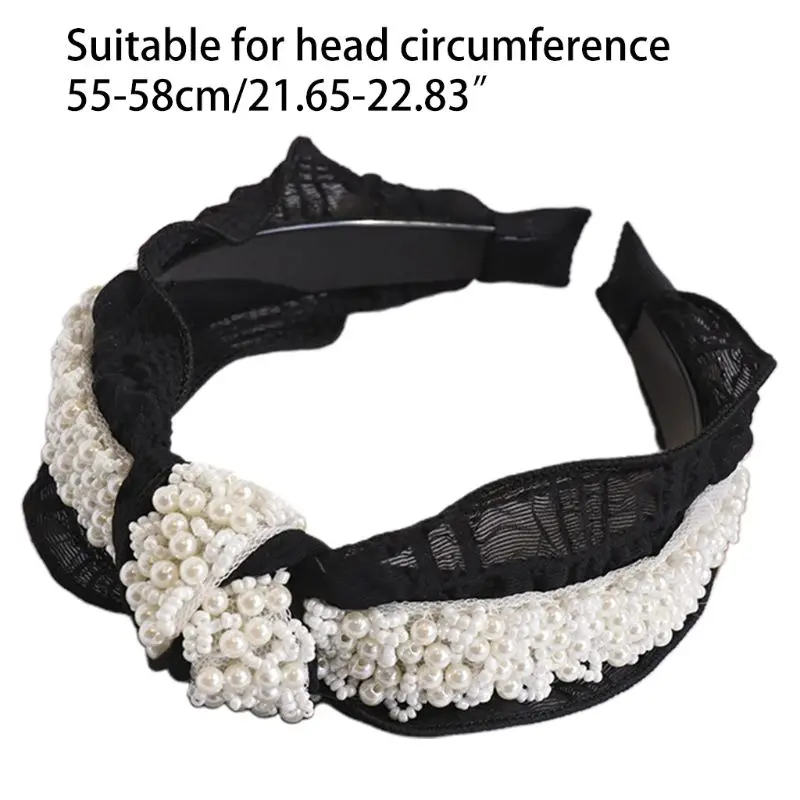 

Korean Vintage Ladies Ruffles Mesh Wide Headband Imitation Pearl Beaded Jewelry Hair Hoop Twist Knot Wrinkled Bandana