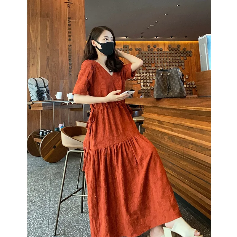 

Retro Vintage 2021 ladies Deep V Neck Loose Plain Long Maxi Casual Dress 2021 Plus Size loose Drawstring Dresses