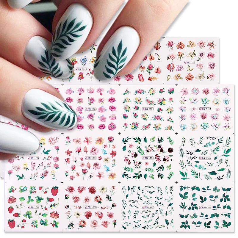 

12 Designs Nail Stickers Set Floral Maple Leaves Nail Art Water Tattoo Decals Sliders Flower Leaf Design Manicures Decoration