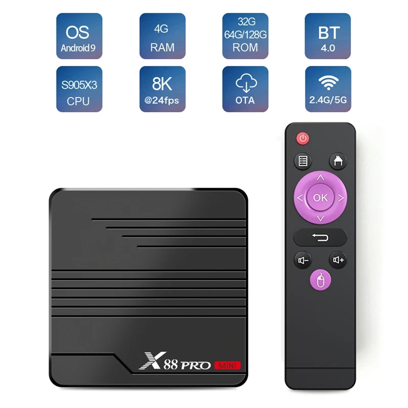 

X88PRO 2.4G/5G 4+32G Dual-Band Wifi Network TV Set-Top Box Android Bluetooth 4.0 S905X3 Chip 1920X1080 FLASH
