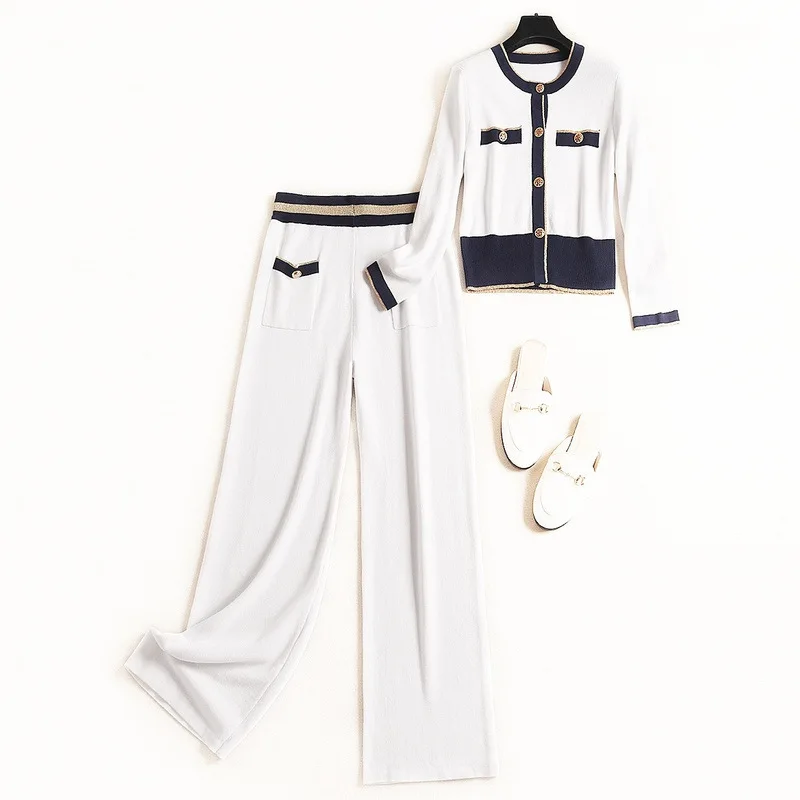 Женский трикотажный костюм Однорядный кардиган на пуговицах прямые брюки