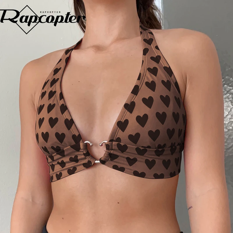 Rapcopter Heart Printed Crop Top y2k Sweet Tank Top Metal Tie Up Croset Women Halter Top V Neck Sexy Sweat Summer Beach Style