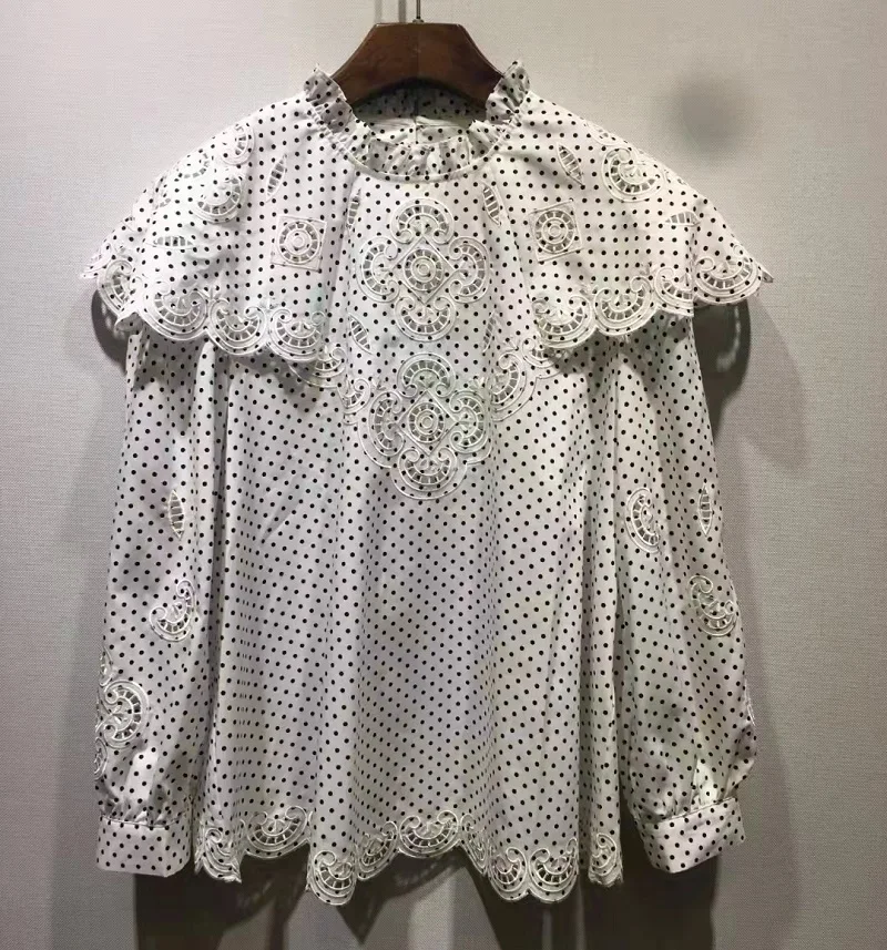 High Quality New Blouses 2022 Spring Summer Fashion Tops Women Polka Dot Print Hollow Out Embroidery Long Sleeve Blouse Casual