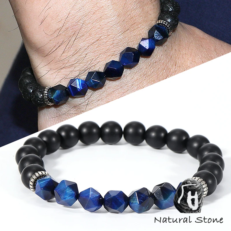 

Natural Stone Men's Bracelet Gemstone Lava Rock Faces Tiger Eye Bangle Lapis Lazuli Labradorite Onyx Beaded Pulseras Jewelry