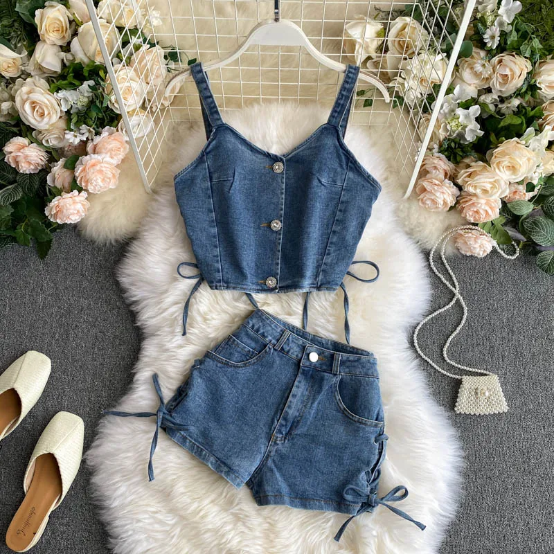 Женская Джинсовая блузка и юбка SINGRAIN без рукавов на пуговицах топы уличная