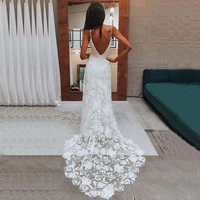 beach lace bridal wedding gowns backless v neck spaghetti straps bride dress sexy sweep train country style robe de mariee