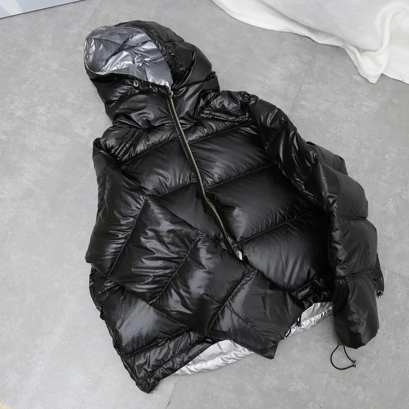 

New Gold Silver Double Side Down Coat Winter Jacket Women Big Aritificial Fur White Duck Down Parkas Female Down Outerwear