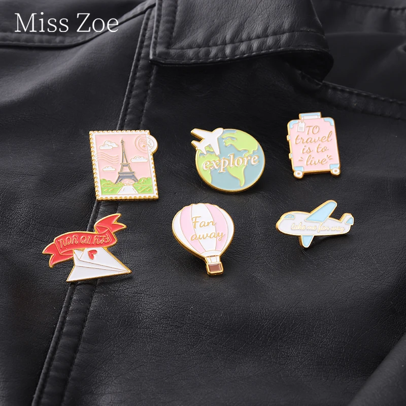 

Hot Air Balloon Enamel Pins Suitcase Origami Airplane Traveling Quote Postcard Brooches Metal Badges Gifts For Adventure Lover