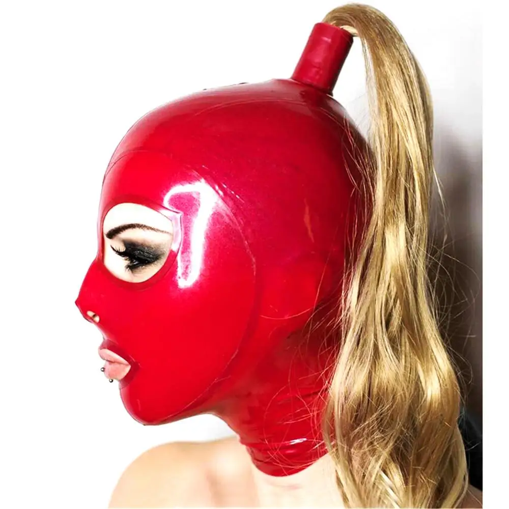 

sexy exotic lingerie handmade red latex hoods with blond wig tress ponytail cekc club wear fetish costumes costomize size XS-XXL