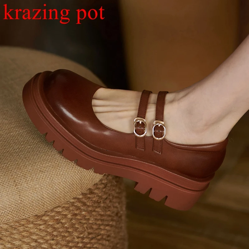 

Vichelo Hot vintage full grain leather round toe thick bottom platform elegant women leisure metal buckle retro maiden pumps l86