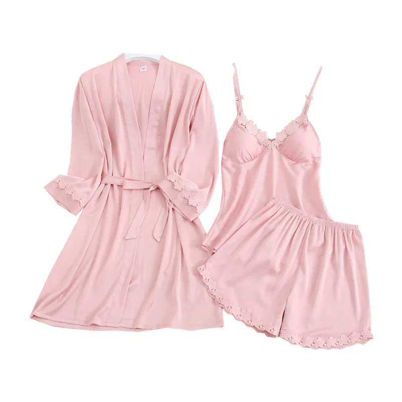 

Summer Lace Flower Trim 3PCS Pajamas Suit Women Faux Silk Sexy V-neck Backless Strap Top&Shorts Sleepwear Pink Lounge Home Wear