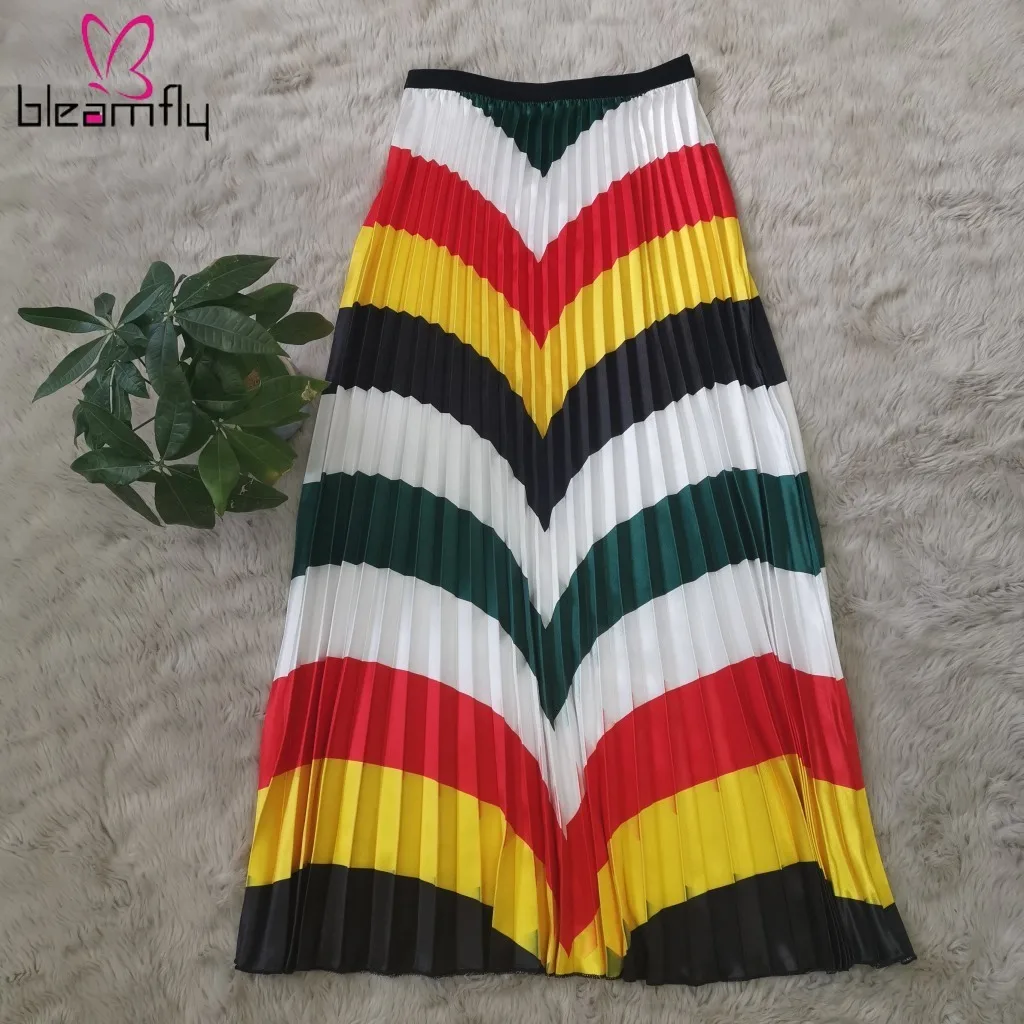 Новинка 2019 женская летняя и осенняя длинная Плиссированная юбка в полоску с