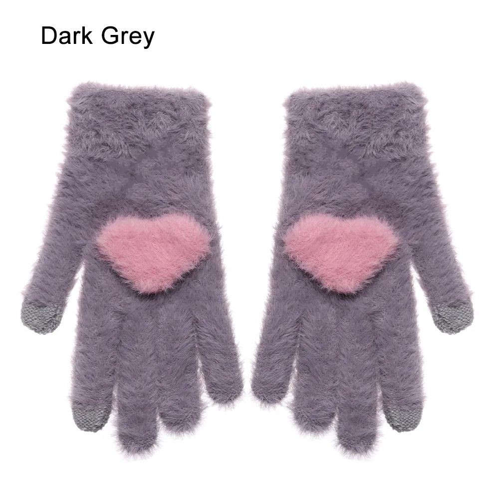dark grey 1 пара, женские вязаные перчатки, зимние шерстяные теплые перчатки для девочек, милые мягкие розовые рукавицы с кроликом и сердцем, перчатки с сенсорным экраном, высокое качество - Цвет: dark grey