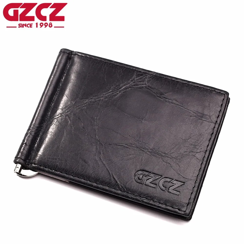 

GZCZ New Men Genuine Leather Cow Leather Credit Card Business Purse Clamp For Money Bifold Card Holder Cash Wallet Portomonee