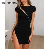 homophony women dress side split zipper o neck short sleeve wrapped hip sexy night bodycon dresses for summer vestido playa muje