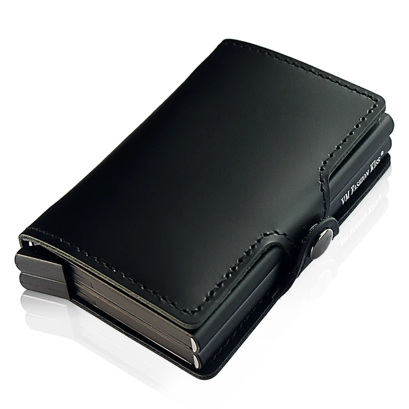black Black aluminum VM FASHION KISS Genuine Leather Double Aluminum Box RFID Safe Card Wallet Credit Card Information Anti-theft Brush Card Holder - Цвет: black Black aluminum