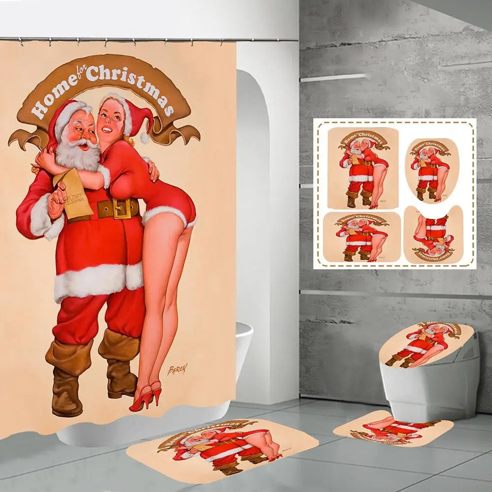 

Santa Snowman Shower Curtain Sets Non-Slip Rugs Toilet Lid Cover Bath Mat Waterproof Bathroom Curtains Christmas Decoration