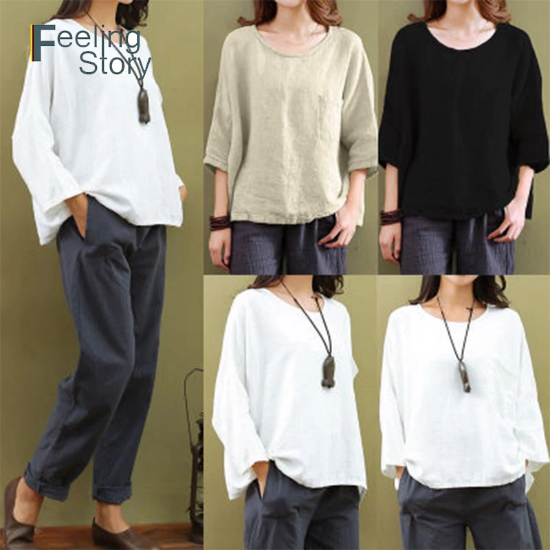 Женская хлопковая льняная блузка размера плюс 5X Повседневная Туника с рукавом