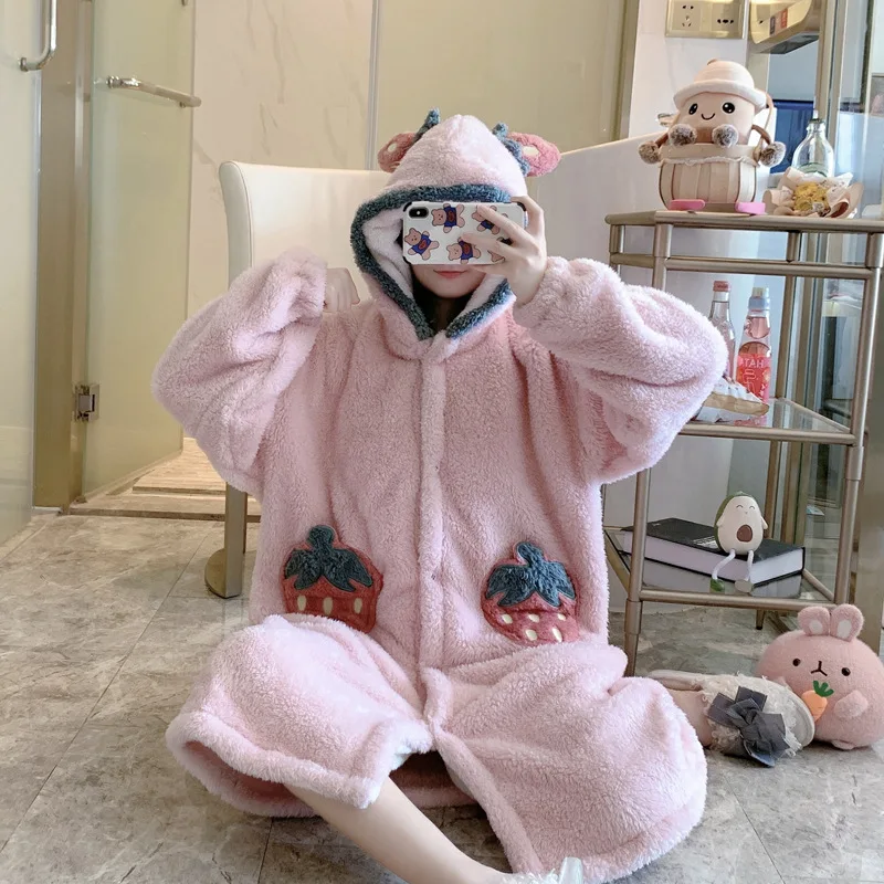 

Women Winter New Cartoon Thick Flannel Kimono Robe Nightwear Soft Sleepwear Warm Coral Velvet Hooded Bath Robes Nightwear