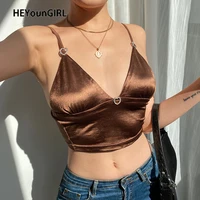 heyoungirl v neck sexy sleeveless satin crop tops tees summer brown spaghetti strap cami top fashion 2021 streetwear party