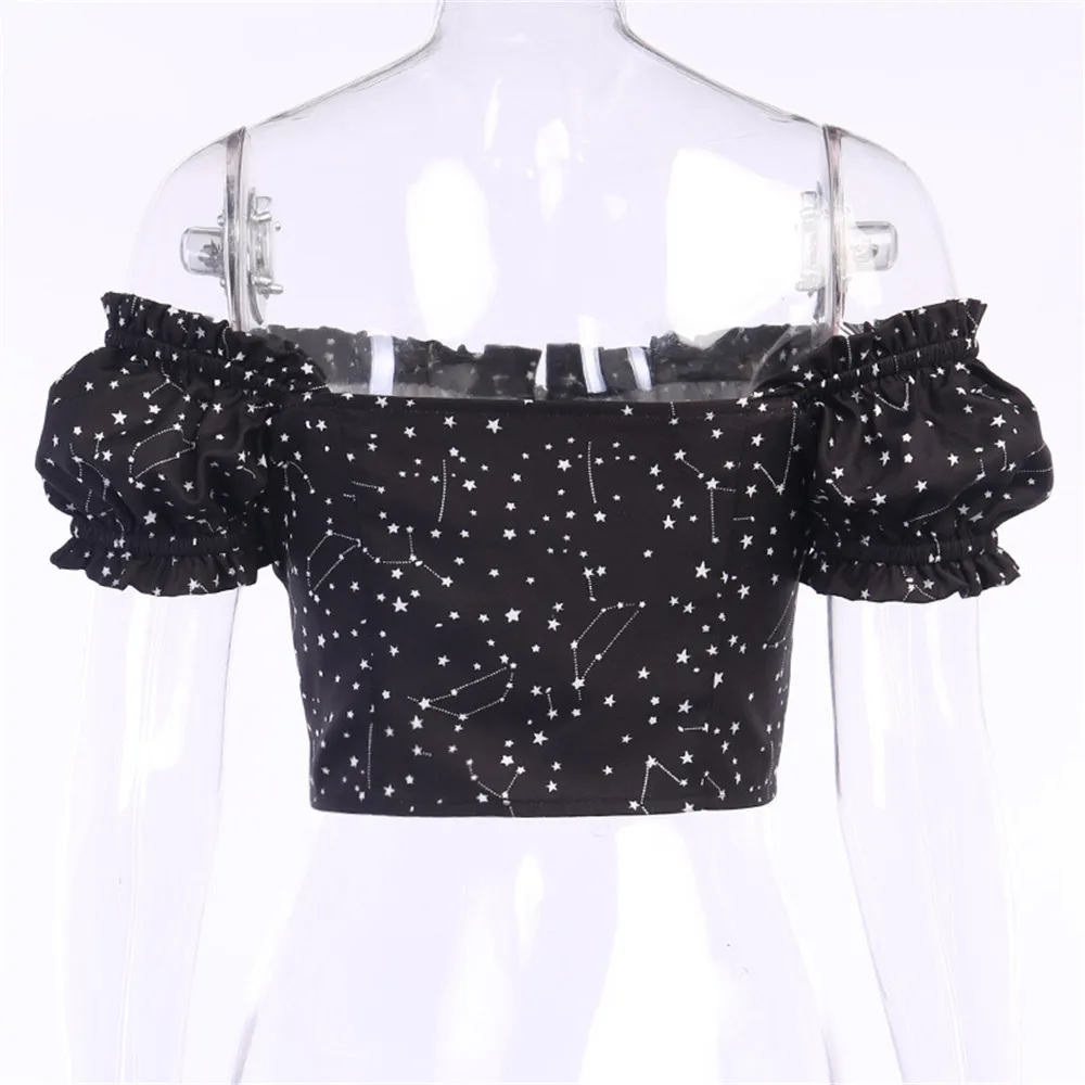 

Print Short Shirts Women 2021 Summer Clothes Zipper Up Puff Sleeve Ladies Casual Sexy Slim Vintage Streetwear Tops And Blouses