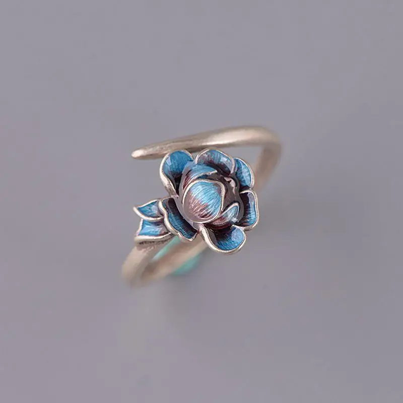 New Chinese Landscape Thai Blue Ring Female Lotus Peony Ring Opening Adjustable Jewelry Accessories