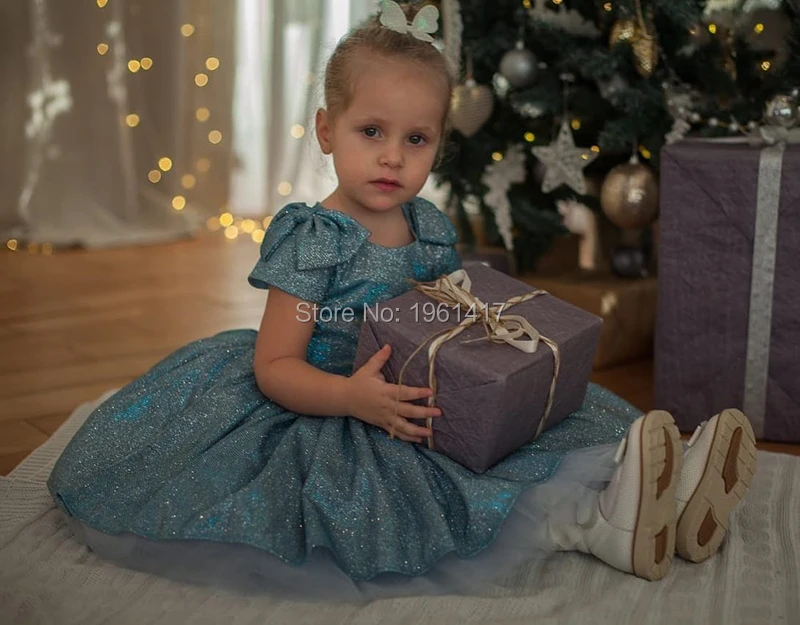 

Flower Girl Dress With Bow Flashy Knee-Length Cute Kids Birthday Party Gowns Custom Made Ruffles AG0396