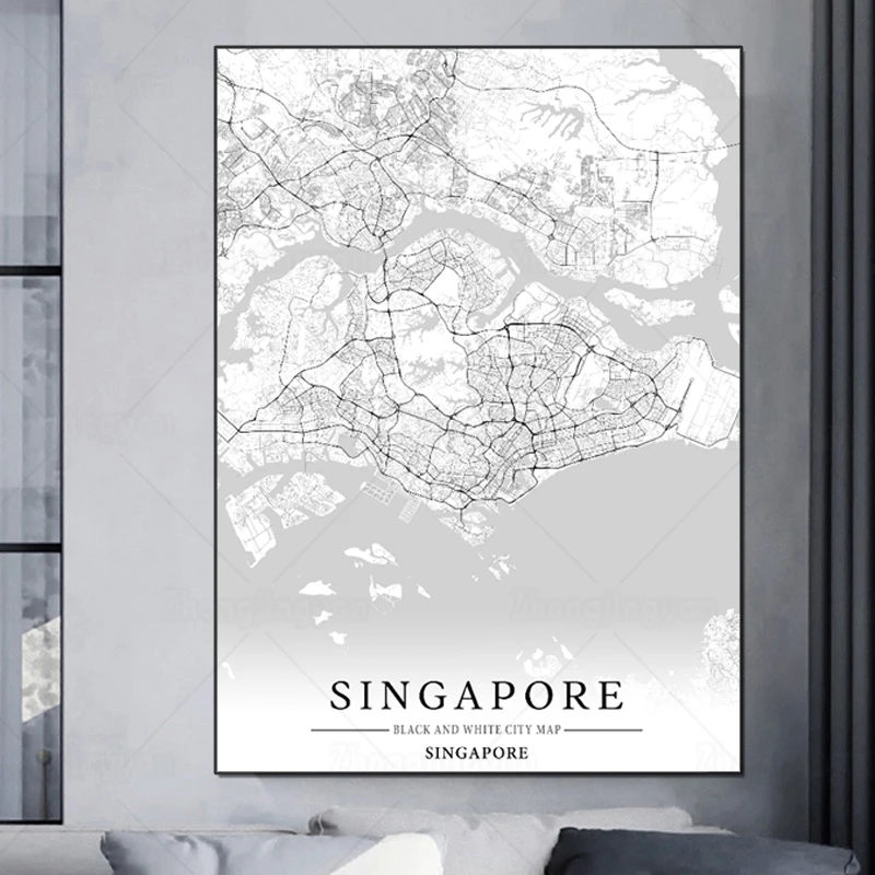 Черно-белая карта города Сингапур плакат HD печать настенная Картина на холсте