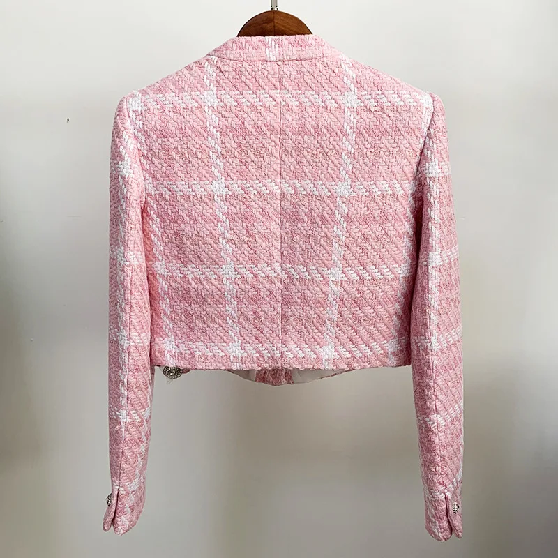 

2021 Fall / Winter Diamond Studs Button Small Fragrance Pink Plaid Knit Wool Jacket Small Coat