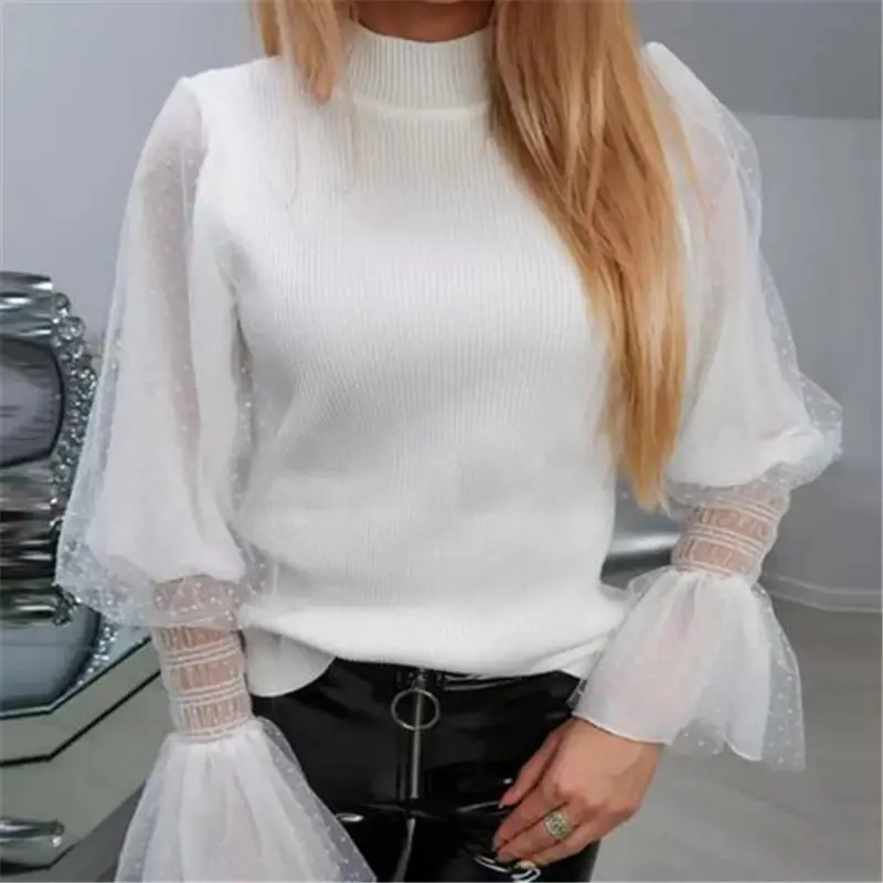 

Women Blouse Knitted Top Loose Mesh Lantern Sleeve Casual Long Sleeve Shirt Blouse Womens Shirt Tops Casual Office Lady Wear