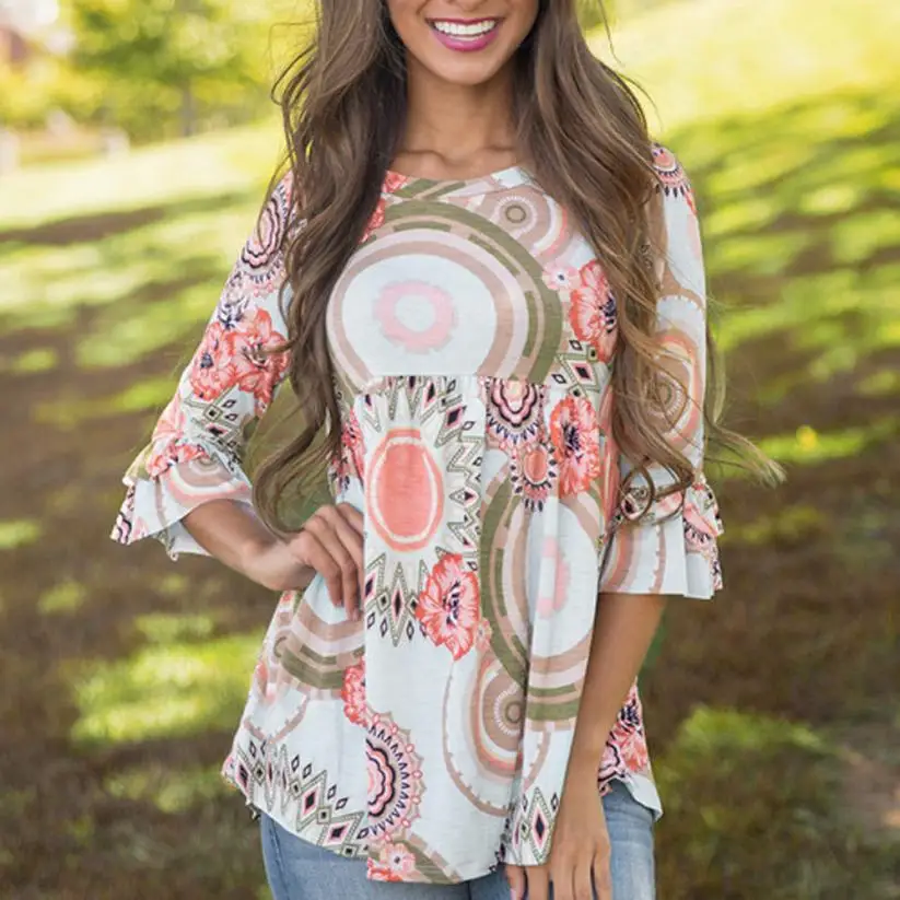 Цветочные Печатные Элегантные блузки 2019 осенние модные женские топы с круглым