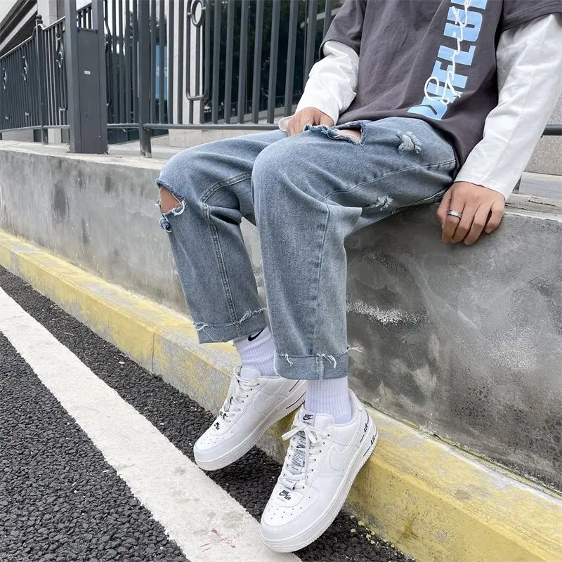 Summer Ripped Jeans Men's Fashion Casual Wide-leg Jeans Men Streetwear Korean Loose Hip-hop Hole Straight Denim Trousers Mens