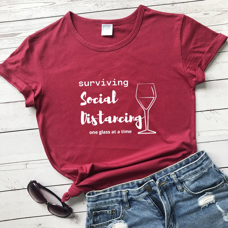 

Surviving Social Distancing T-shirt Funny Unisex Short Sleeve Drinking Tshirt Casual Women Graphic Quarantine Top Tee Shirt