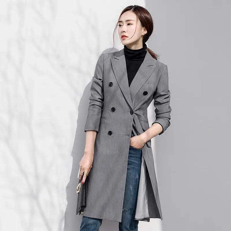 Женский двубортный пиджак серый Длинный блейзер в Корейском стиле приталенный