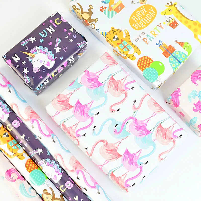 

Gift Wrapping Paper Birthday Party Flamingo Unicorn Dinosaur Multicolor Print Tissue Paper Bookmark Gift Box Packaging Materials