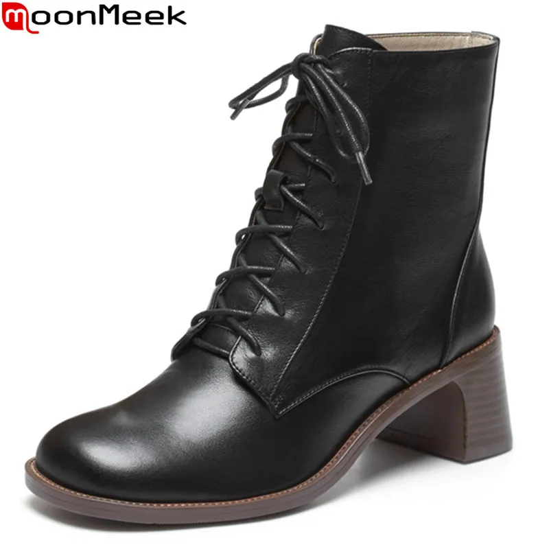

MoonMeek 2020 Genuine leather boots thick high heels square toe ladies shoes fashion lace up autumn winter ankle boots women