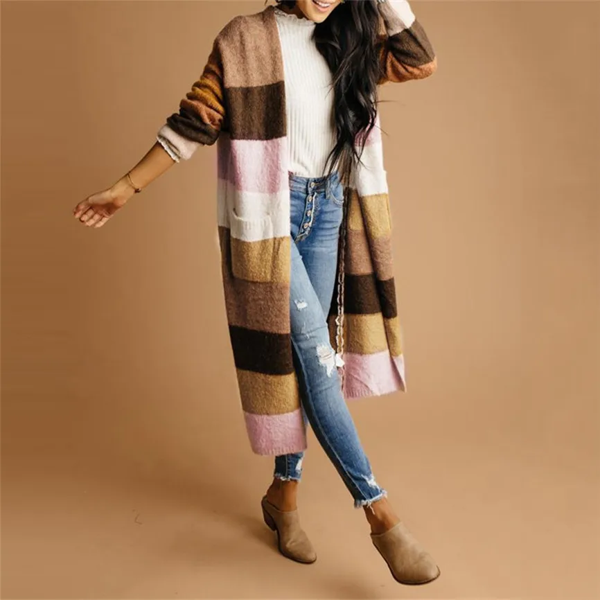 Женский тонкий свитер длинный рукав в полоску пэчворк вязаный с карманами