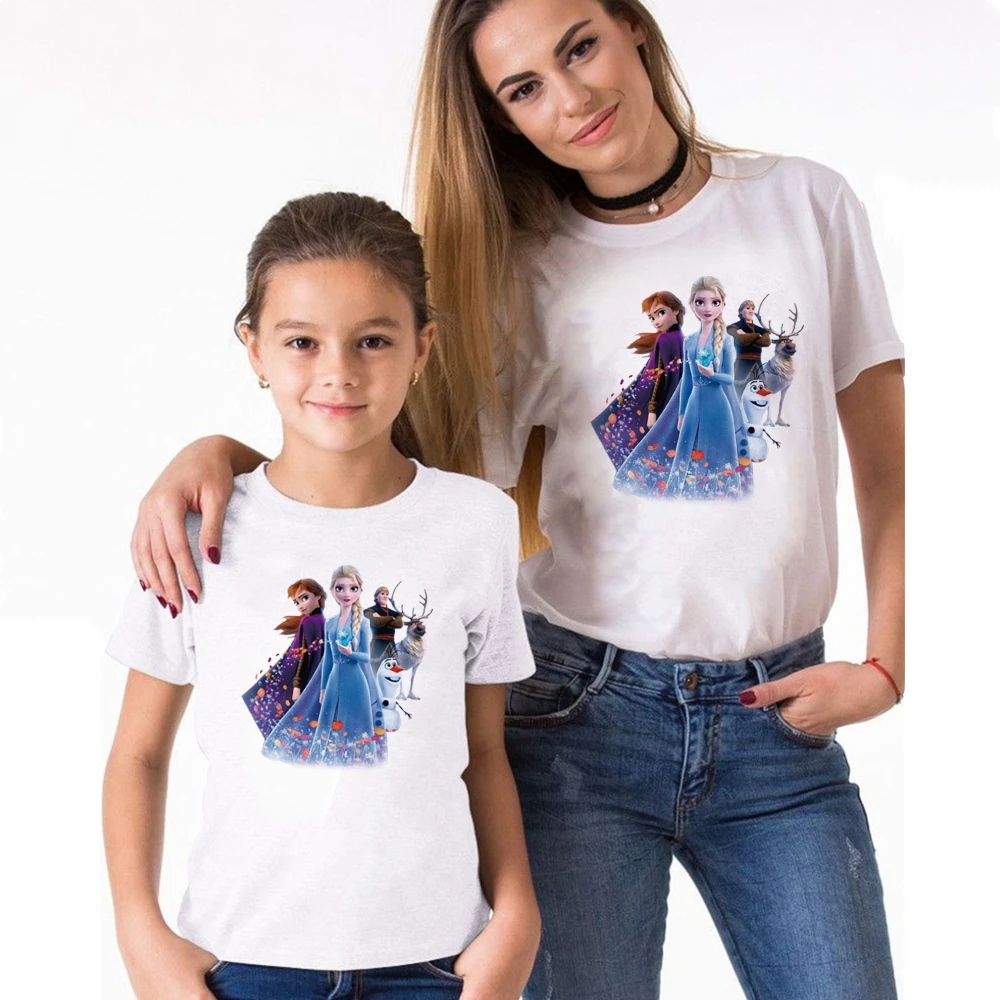 

Frozen Elsa Anna Princess Printed Graphic Tees For Girls Sisters Women Summer White Basic Tee Shirts Family Mommy And Me Tops