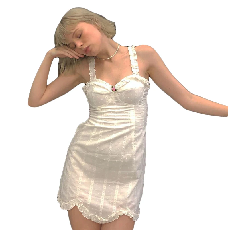 

MyErato Kawaii White Mini Dress Y2k Clothes Cute Sweet Ruffled Side Split Birthday Outfits for Women Party Night Club Beach Wear